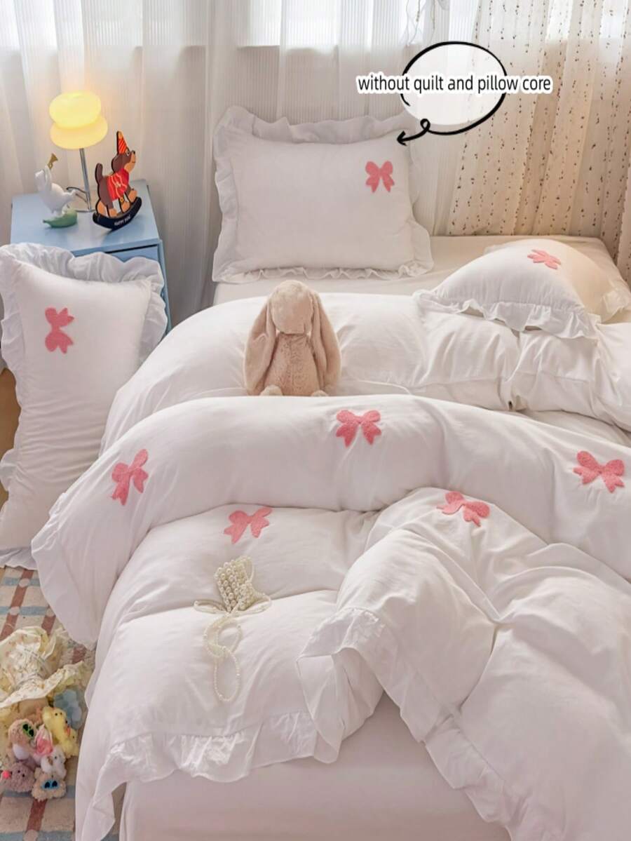 Cut Bow Embroidery Colorful Ruffle Duvet Cover Set, White Bedding Set 3pcs,Including 1 Duvet Cover And 2 Pillowcases, Ultra Soft Breathable Chic Comforter Cover