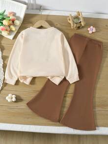 2 件女童休闲蝴蝶结柔软舒适华夫格针织长袖上衣和喇叭裤套装，适合户外穿着，秋冬