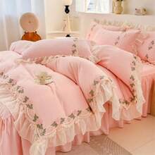 Flower Lace Ruffled Bedding Set- Sweet Girl Chiffon Ruffles Duvet Cover Set- 3PC(1 Full Duvet Cover 80x90 Inch, 2 Pillowcases) Aesthetic Bedding For Romantic French Wedding,24328438 - 玫紅色 - 查看 5