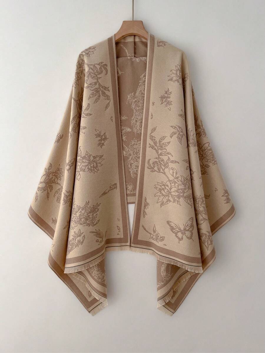 1pc Women's Reversible Faux Cashmere Floral Jacquard Warm Scarf Shawl, Suitable For Daily Wear, Autumn/Winter For Dress - Khaki - View 1