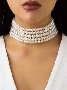 1pc Fashionable Atmosphere Multi-Layered Exaggerated Faux Pearl Collarbone Necklace, Asymmetrical Beaded Charm Necklace, Ladies' Wedding Jewelry And Festival Gift - 白色 - 查看 2
