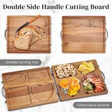 Double Side Acacia Wood Serving Tray, Serving Platters And Trays, Charcuterie Boards Wooden Tray With Vintage Metal Handles, Wooden Cutting Boards For Kitchen, Trays For Serving Food Serving Platter - 復古金屬把手和扣 - 查看 3