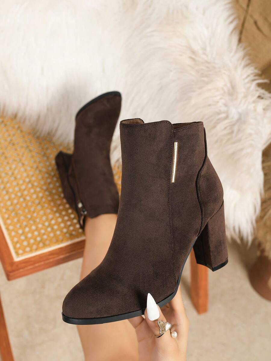 Women's Autumn/Winter New Stylish Brown Chunky Heel Tall Boots, Over-The-Knee, Pointed Toe, Side Zipper, Riding Boots For Petite - Brown - View 1