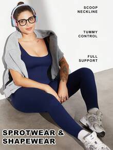 Plus Size Curve Woman Activewear Yoga Clothes Seamless Gym Sports High Support Moisture Wicking Workouts Breathable Outdoor Plus Size Curve Tummy Control High Elasticity Straps Gym Women Outfit Women's Seamless Yoga Bodysuit - Navy Blue - View 5