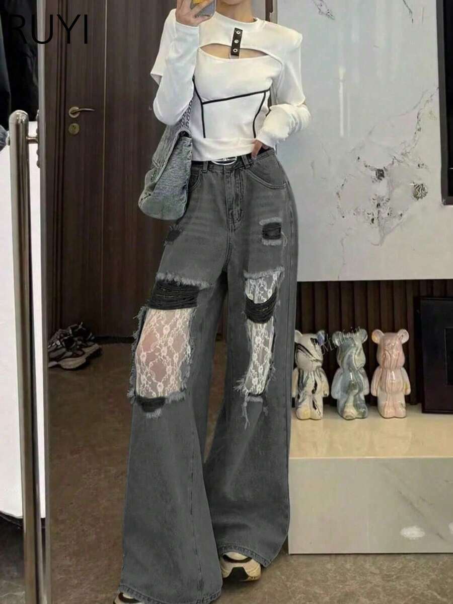 女士灰色蕾丝破洞阔腿牛仔裤，中腰宽松休闲日常穿着及派对显瘦牛仔裤 - 灰色 - 查看 1