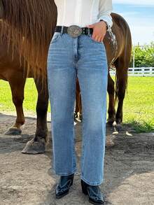Women's Mid-Rise Straight-Leg Utility Jeans - Classic Wash Pure Color Non-Stretch Denim Pants With Multiple Pockets - Medium Wash - View 2