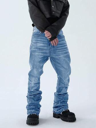 Straight Leg Flared Jeans, Versatile Fashion Washed Denim Pants, Cotton Slant Pocket Trousers