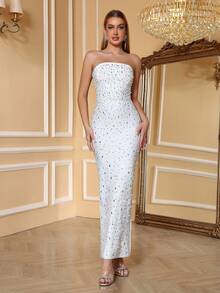 Love Aing Sommar Vit Handgjord Pärlpärlad Ärmlös Bustier Elegant Festklänning, Sexig Charmig Balklänning, Bodycon Klänning - Vitt - Visa 6