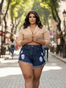 Plus Size Denim Shorts - 藍色 - 查看 3