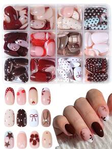 288pcs/Box (12 Mixed) Short Oval Flower Polka Dot Bow French Design Tips Press On Nails Perfect Fit Acrylic False Nails Set,Nails In Autumn And Winter, Suitable For Women And Girls Daily Life And Party Use