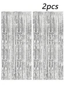 2 件/包铝箔窗帘背景银色金属丝箔流苏窗帘照片展位道具适用于生日婚礼订婚派对单身派对圣诞节节日庆祝派对装饰