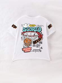 Tween Boy Shootabasket And Slogan Print Crew Neck T-Shirts Summer Boy's Casual Tee Soft Tops - White - View 2
