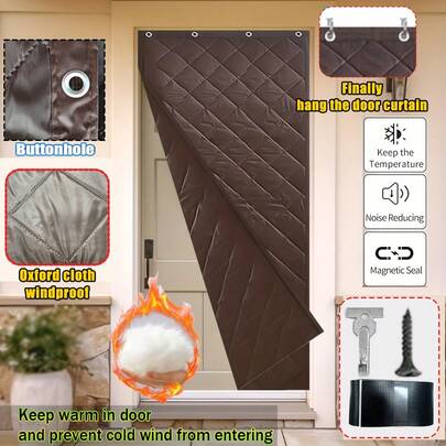 1pc Thermal Insulated Door Curtain, Winter Eyelet Porch Cover, Windproof & Warm, Cold & Heat Protection, Oxford Cloth, Thick Cotton Fiber, Single Panel Door Divider Blanket, Suitable For Winter Cold, Living Room, Garage, Bedroom, Gray, Brown, 90*210CM, 100*210CM