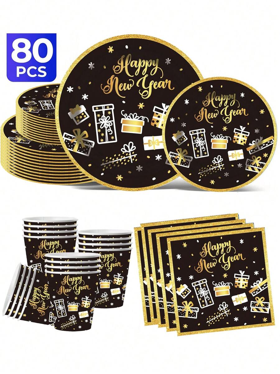 New Year's Eve Themed Party Plate Set, Including 20 Person Sets/10 Person Sets, 7-Inch+9-Inch+Themed Paper Cups+Napkins, Party Exclusive! Suitable For Outdoor Picnics, Daily Gatherings, Restaurant Decorations, Kitchens, Birthday Parties, Bridal Showers - Multicolor - View 1