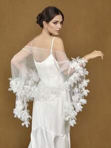 1pc Handmade Organza 3D Floral Bridal Shawl, Soft Nylon Chiffon, Suitable For Wedding Dress Photography Props, Women's Evening Gown Accessory, One-Piece Style, Heat-Resistant To Reduce Wrinkles