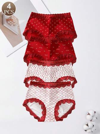 กางเกงในสามเหลี่ยมผ้าลูกไม้สีแดงสำหรับผู้หญิง 4 ชิ้น เอวกลาง ใส่สบาย ไร้รอยต่อ