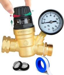 RV Water Pressure Regulator For RV Camper. Brass Lead-Free Adjustable Camper Water Pressure Regulator With 0-160 PSI Gauge ,Reducer Valve W Filter,Package Includes 1 Raw Tape For Water Pipes. - 1 - 查看 2