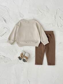 Set de 2 piezas de sudadera de manga larga con parche de letras y pantalones casuales para niño bebé, primavera/verano - Marrón - Ver 9