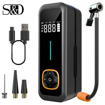  S&D 便携式汽车气泵轮胎充气机压缩机数字无绳汽车轮胎充气机适用于汽车摩托车自行车球