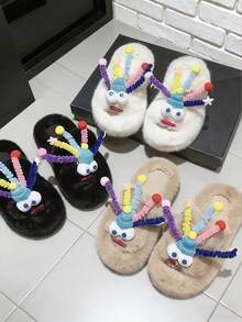 Candy Color Fluffy Pom-Pom Thick Sole Women's Slippers, Warm Plush Lining Indoor/Outdoor Wear, Soft Non-Slip Sole, Multiple Colors Available - White - View 1