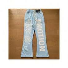 Men's Streetwear Y2K Angel Graffiti Sweatpants Relaxed Drawstring Wide-Leg Pants Retro High-Street Style - 湖藍色 - 查看 10