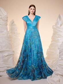 Mgiacy,New Arrival,V-Neck, Lotus Leaf Sleeves, Lace, Print, Tie, Big Swing, Evening Dress,Party Dress,Wedding Guest Dress, Evening Dress