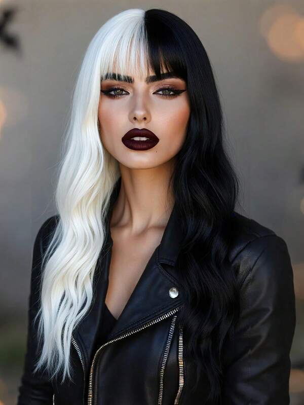 26 Inch Women's Wig, Dual-Color Wavy Long Hair Wig With Bangs, Heat Resistant Synthetic Fiber, Suitable For Party, Halloween, Cosplay, Free Wig Cap