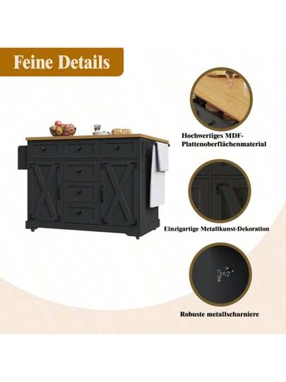 High Quality Kitchen Isl Multifunctional Serving Cart Wood Grain Large Storage Space, Mobile Buffet Cabinet, Dining Room, Living Kitchen, Zwart view 6