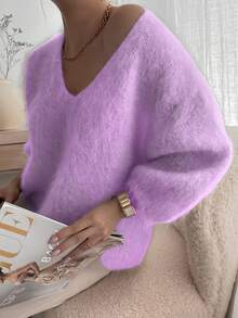V-Neck Solid Color Cashmere Knit Sweater - Purple - View 3