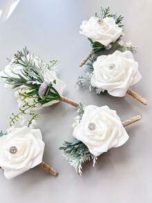 1 pieza/6 piezas Flor de rosa artificial de PE Boutonnière del novio Corsage del hermano Pasador de graduación Traje de boda Flores de fiesta Decoración