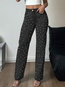 女式中腰直筒牛仔裤 - 珍珠装饰经典水洗牛仔裤 - 黑色 - 查看 2