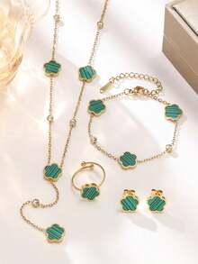 4 件装不锈钢植物与人造珍珠母贝五瓣花耳环手链项链套装情人节、妈妈、母亲、母亲节、礼物