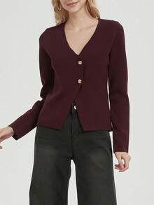 Áo len dài tay cổ chữ V tay dài Se-Helo dành cho nữ, kiểu dáng tối giản, thanh lịch, thích hợp cho công sở/học sinh, trang trí cúc kim loại, kiểu dáng ôm sát, đa năng, thích hợp cho mùa thu/đông. - Màu đỏ tím - Xem 6