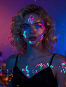 12张Y2K炫彩霓虹临时纹身贴纸，夜光人体彩绘贴纸，紫外线纹身贴纸，非常适合夜间派对，多种图案可用于音乐节和派对人体彩绘。 - 彩色 - 查看 4