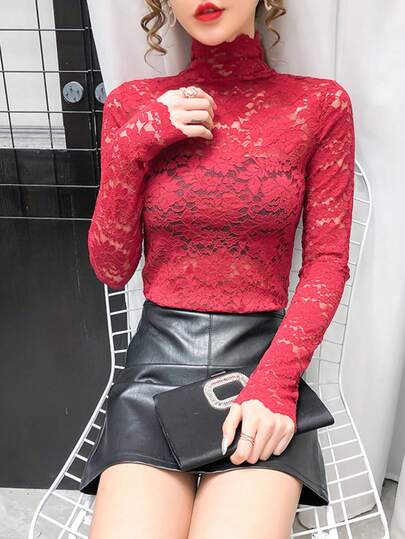 Blusa ajustada de manga larga con cuello alto de encaje, elegante y de moda, color rojo para mujer