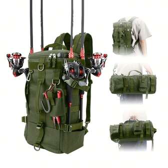 1个17.3英寸 x 8.6英寸 x 7英寸绿色钓鱼背包（空），17.4升大容量储物隔层，带鱼竿架，大型钓具箱背包，父亲节礼物，适合存放鳟鱼垂钓装备，也适合露营、徒步旅行和户外活动