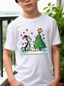 Playeras de niño Perro con sombrero de Santa cerca del árbol de Navidad tops para adolescentes blusas para adolescentes Regalos navideños Camisetas de niña Camisetas navideñas Camiseta de Halloween para niñas Camisetas para niños y niñas La tela es suave, transpirable y cómoda, hecha de puro - Blanco - Ver 1
