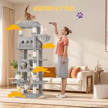 HEXCELEN Cat Tree For Indoor Cats, 170 Cm Large Tall Cat Tower, Multi-Level Cats House With Condo, 8 Scratching Posts, Hammock, 4 Pom Poms, Light Grey - 淺灰色 - 查看 2