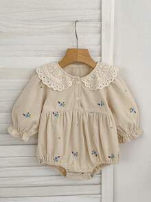 Spring & Autumn New Baby Girls' Corduroy Bodysuit, Mori Style Lace Collar Floral Embroidery Infant Bodysuit - Apricot - View 2