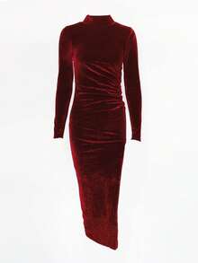 1 件高领长袖褶皱开衩连衣裙，时尚性感，婚礼宾客礼服，派对礼服，鸡尾酒会 - 紅色 - 查看 6