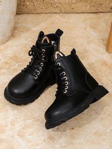 1 Pair Matte Black Mid-Calf Children's Boots, Solid Color Girls' Princess Short Boots, Non-Slip Rubber Soft Sole Increased Height, Gold Eyelets Front Lace-Up Side Zipper Round Toe Soft PU, Suitable For 3-15 Years Old Boys & Girls, Casual, School, Holiday, Travel, Party, Autumn/Winter 2025 New Arrival - Black - View 6