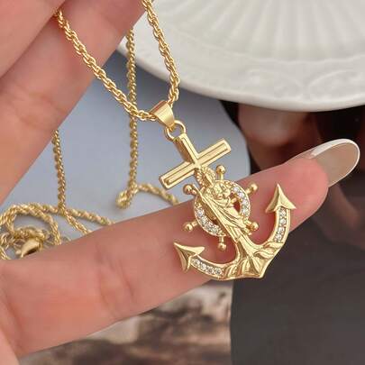 Collana con pendente a forma di ancora/San Giuda, con incastonatura in rame di zirconi cubici, gioiello religioso alla moda e di bell'aspetto per uomo, adatto per uso quotidiano/regalo per marito/fidanzato