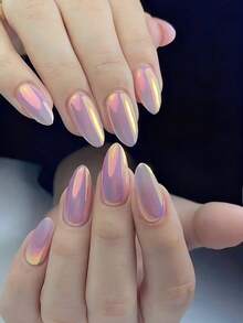 VV MEI JIA ER 中号按压式美甲贴纸 - 杏仁形按压式美甲贴纸，粉色镀铬美甲贴纸，可重复使用，12种尺寸可选 - 24片软胶假指甲套装 + 1卷美甲胶带 + 1把指甲锉，美甲护理用品