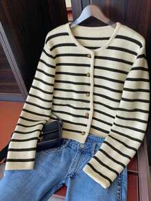 优雅条纹圆领针织开衫，百搭时尚休闲毛衣，女士复古夹克，秋季 - 黑與白 - 查看 4