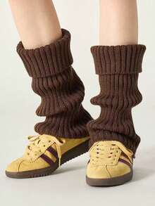 1 Pair Women Knitted Leg Warmers, White Calf Socks, Suitable For Autumn/Winter - Coffee Brown - View 3