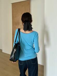 美国性感修身露肩长袖字母印花撞色女衬衫