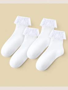 6 Pairs Girls White Double Lace Trim Princess Dancing Socks, Breathable Mesh Net Ankle Socks