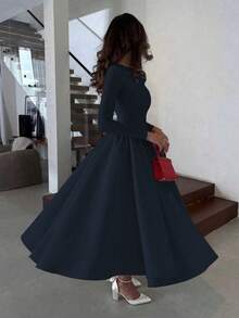 Elegant Minimalist Fashion Casual Retro Pleated Maxi Long Sleeve Solid Color Winter Dress For Women, Zipper Closure, Suitable For Evening Party, Holiday, School, Office, Vacation, Autumn/Winter - Navy Blue - View 3