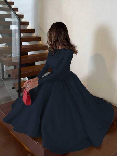 Elegant Minimalist Fashion Casual Retro Pleated Maxi Long Sleeve Solid Color Winter Dress For Women, Zipper Closure, Suitable For Evening Party, Holiday, School, Office, Vacation, Autumn/Winter