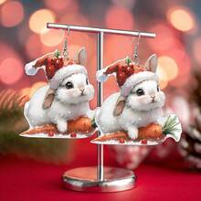 1 Pair Cute Cartoon Christmas Hat & Carrot Rabbit Ear Earrings, Funny 2D Design, Suitable For Christmas Wear